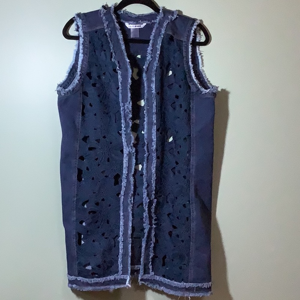 Frayed Denim Vest by Nygard with Inlay Flower cut out pattern